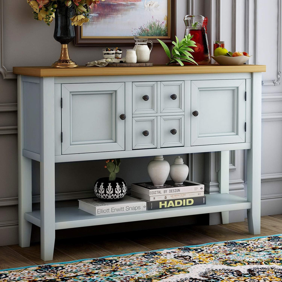 Blue Console Sofa Table with Storage Drawers Cabinets and Bottom Shelf B69356