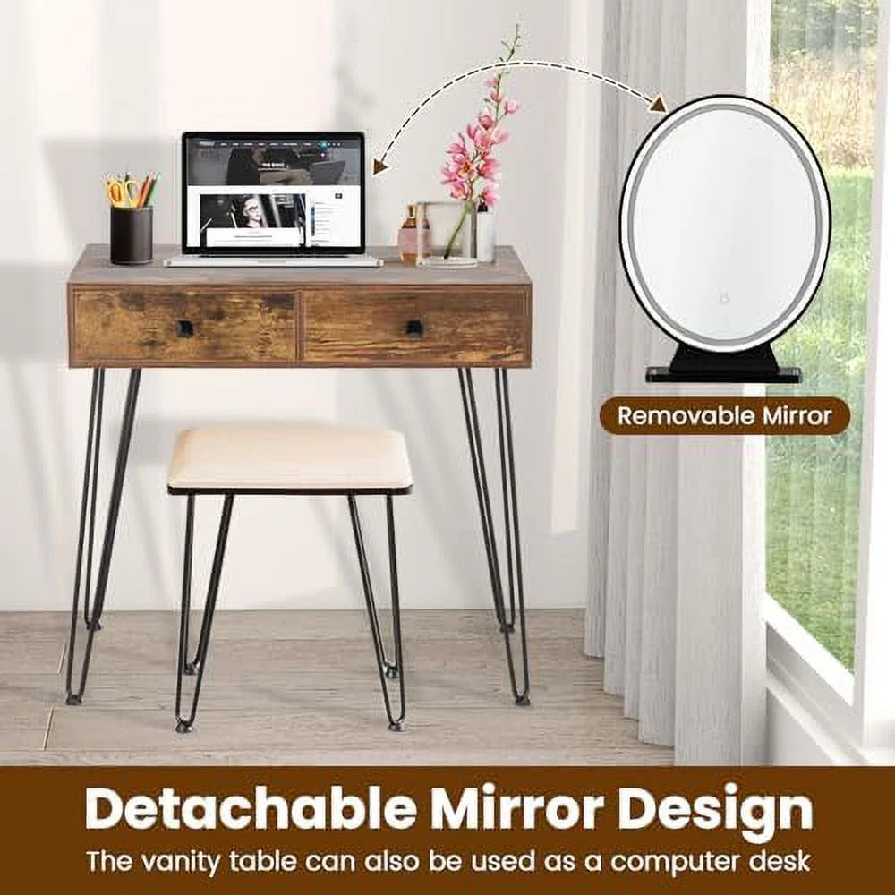 Vanity Desk with Mirror and Lights Makeup Dressing Table Set with Stool O8450