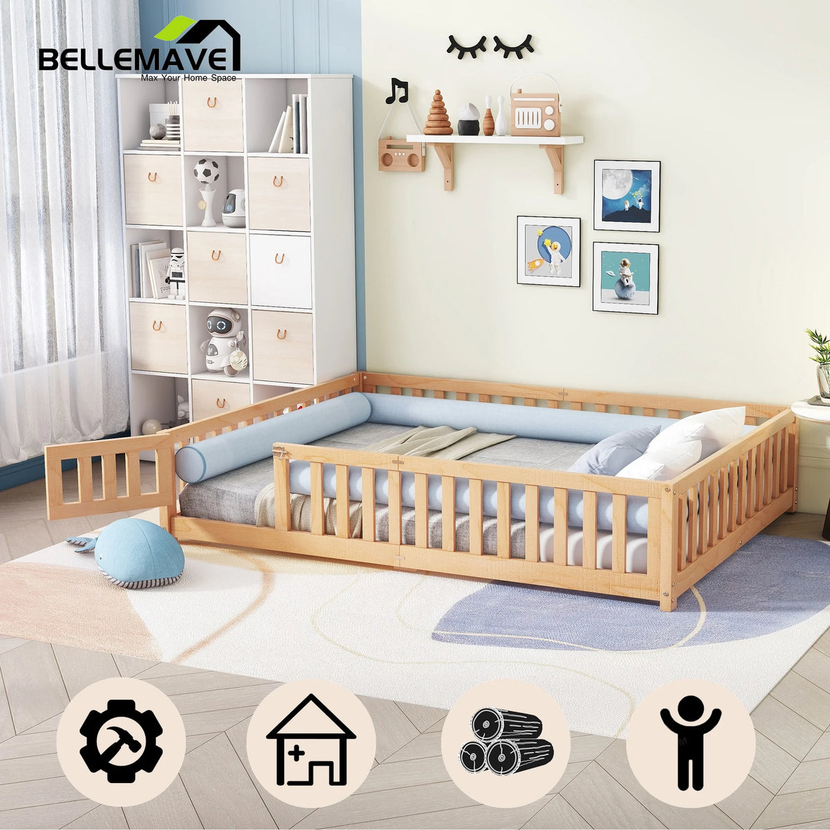 Queen Natural Solid Wood Floor Bed Frame with Slats K6184