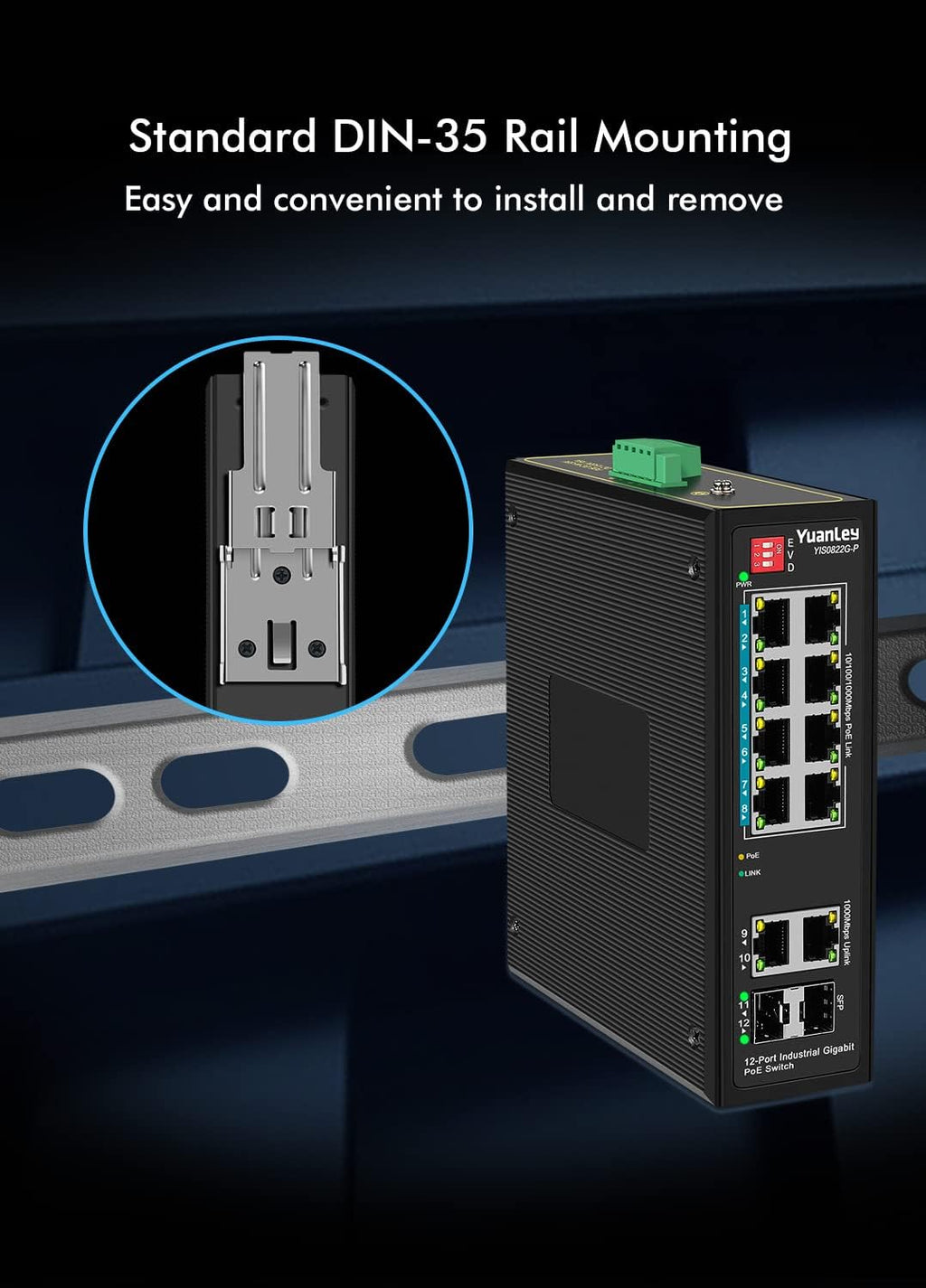 8-Port Industrial Gigabit PoE DIN-Rail Switch, 120W Unmanaged, Pack of 2 V285