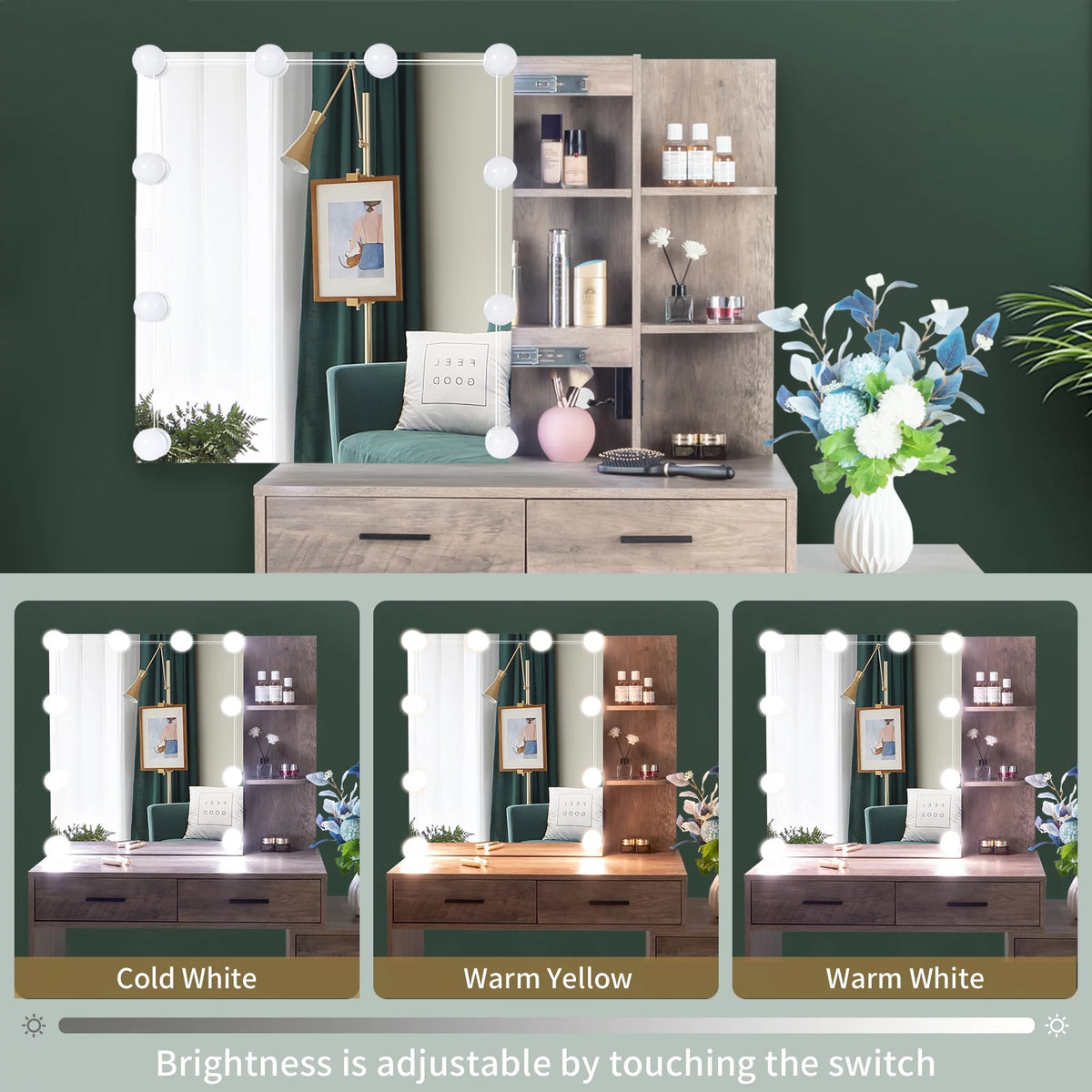 Lighted Vanity Makeup Table Set with Sliding Mirror and Cushioned Stool T35097