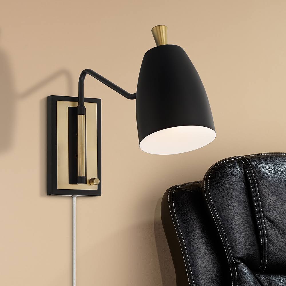 Black and Antique Brass Swing Arm Plug-In Wall Lamp K13369
