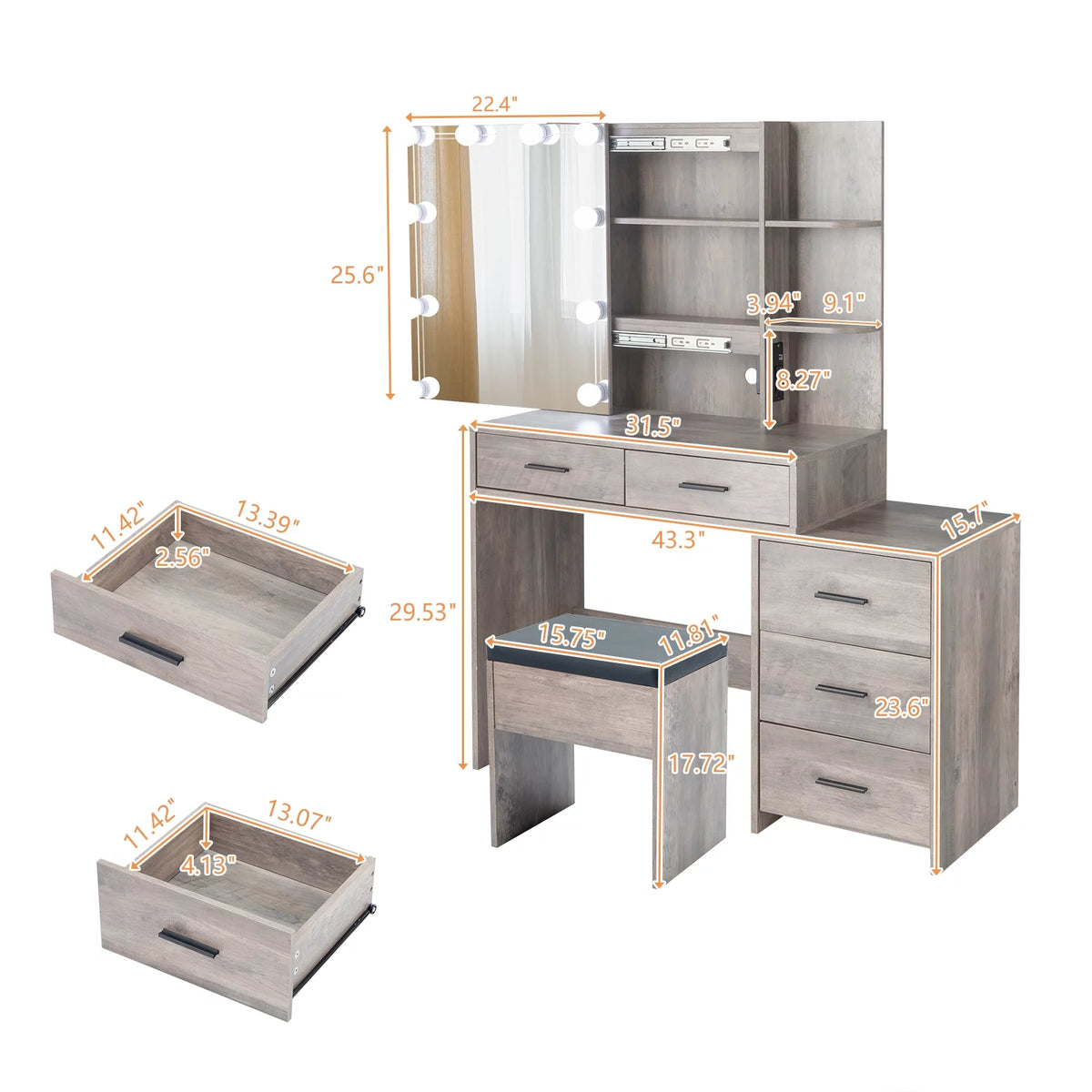 Lighted Vanity Makeup Table Set with Sliding Mirror and Cushioned Stool T35097
