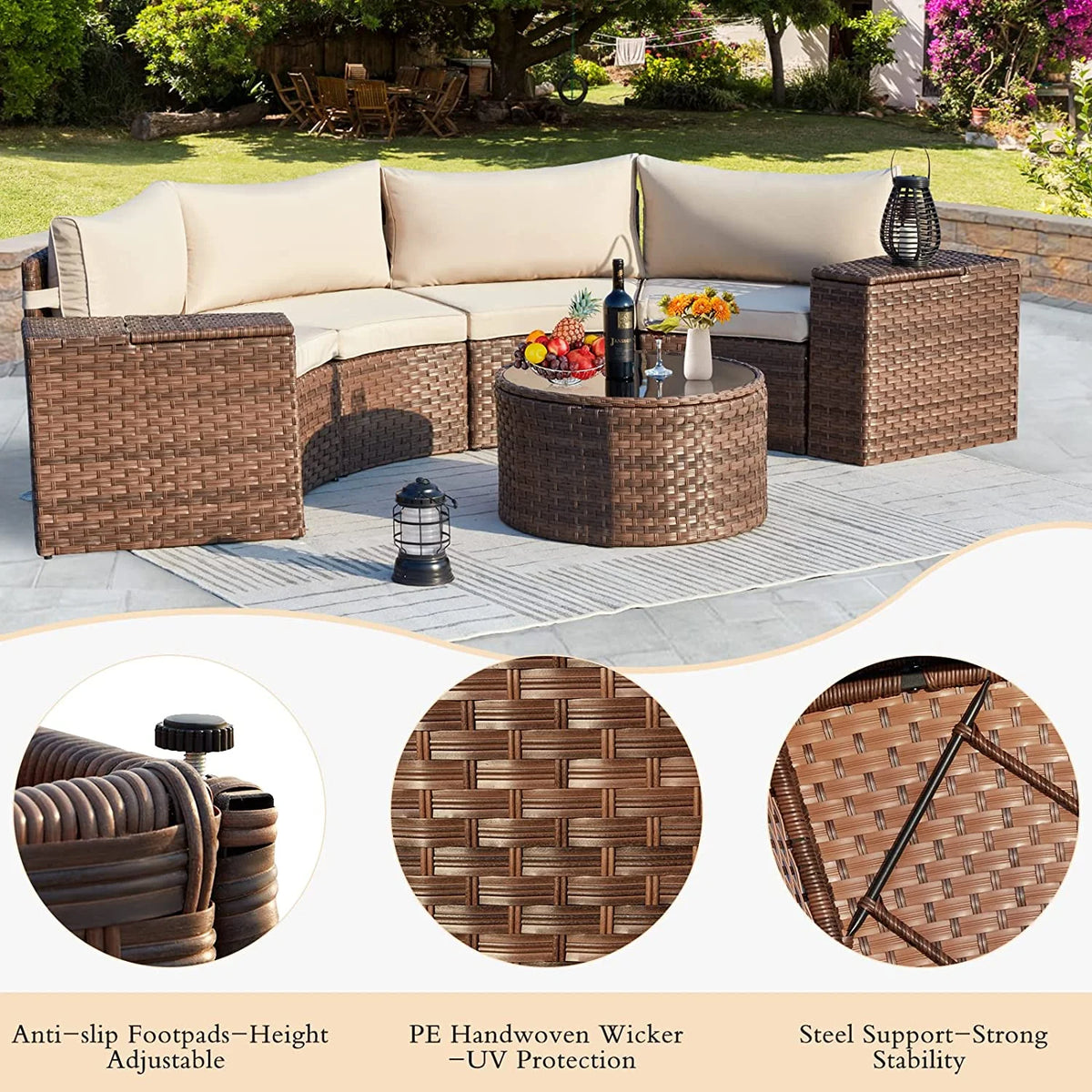 7 Piece Outdoor Patio Sectional Sofa Set with Storage Armrest L871980