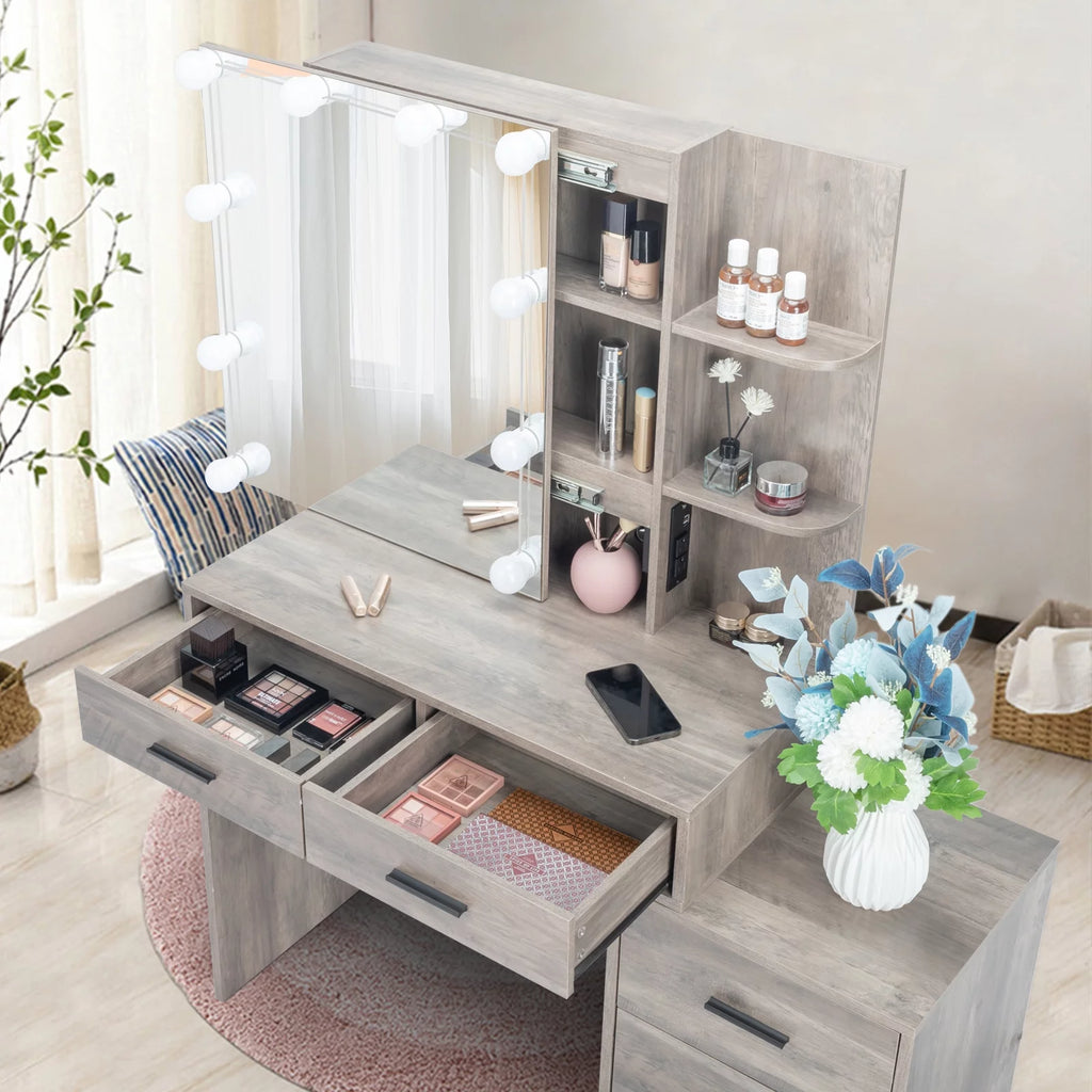 Lighted Vanity Makeup Table Set with Sliding Mirror and Cushioned Stool T35097