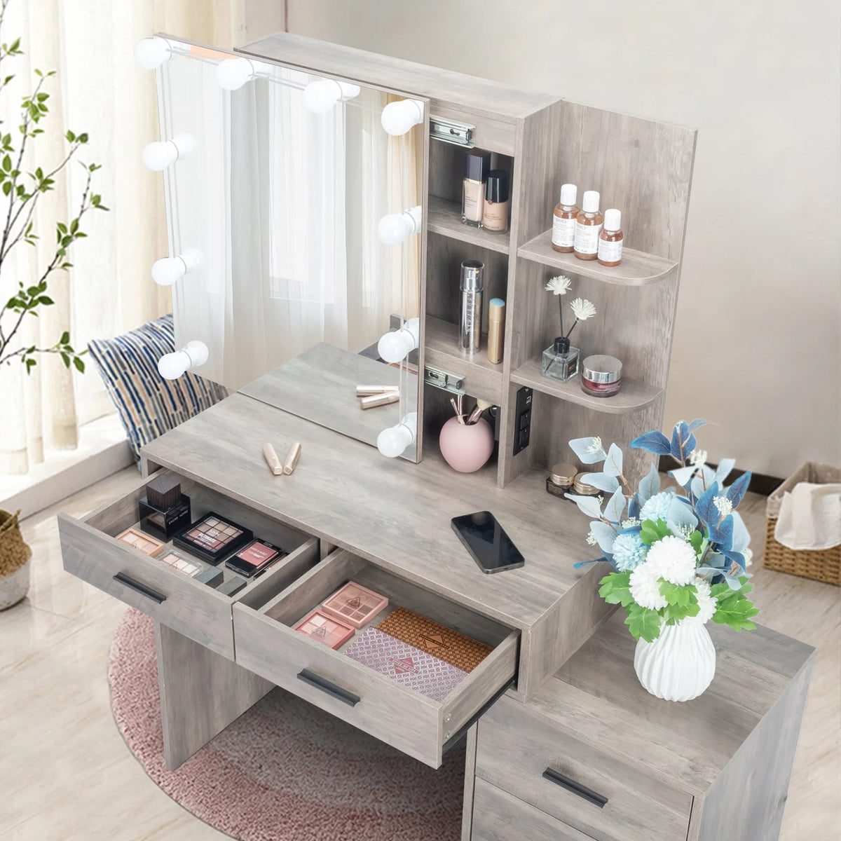 Lighted Vanity Makeup Table Set with Sliding Mirror and Cushioned Stool T35097
