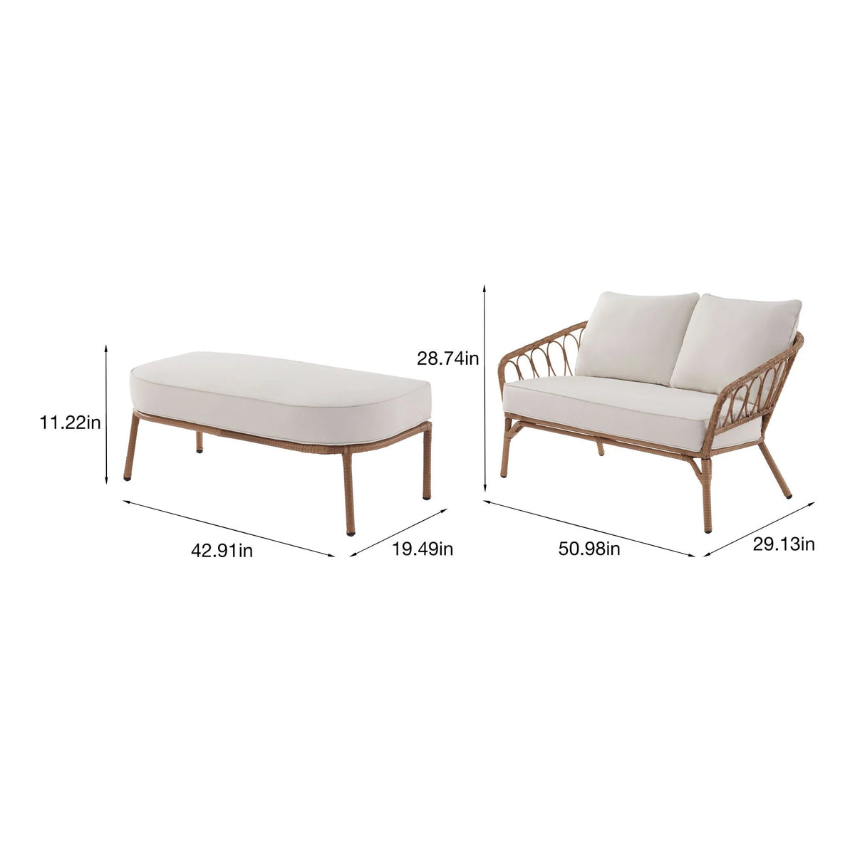 Beige Wicker Outdoor Loveseat and Ottoman Set U736