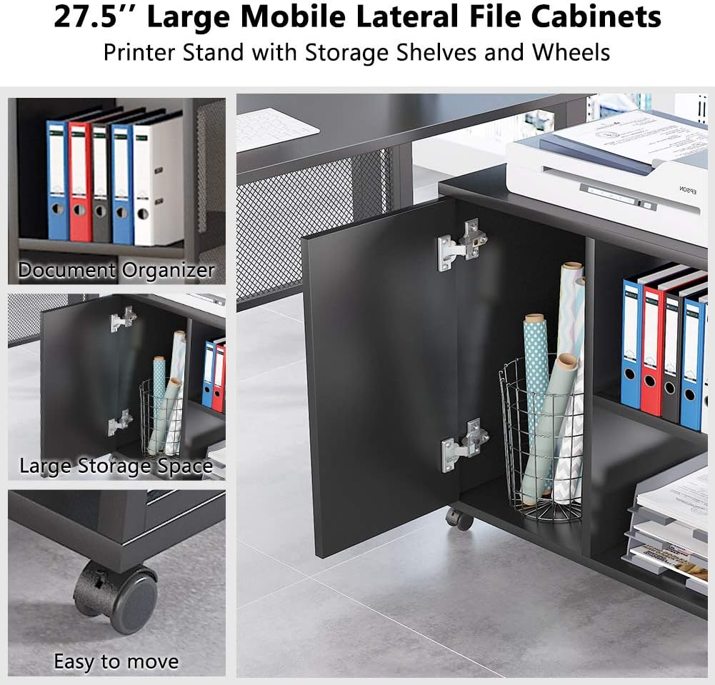 Black 55 inch L-Shaped Computer Desk with File Cabinet P3552