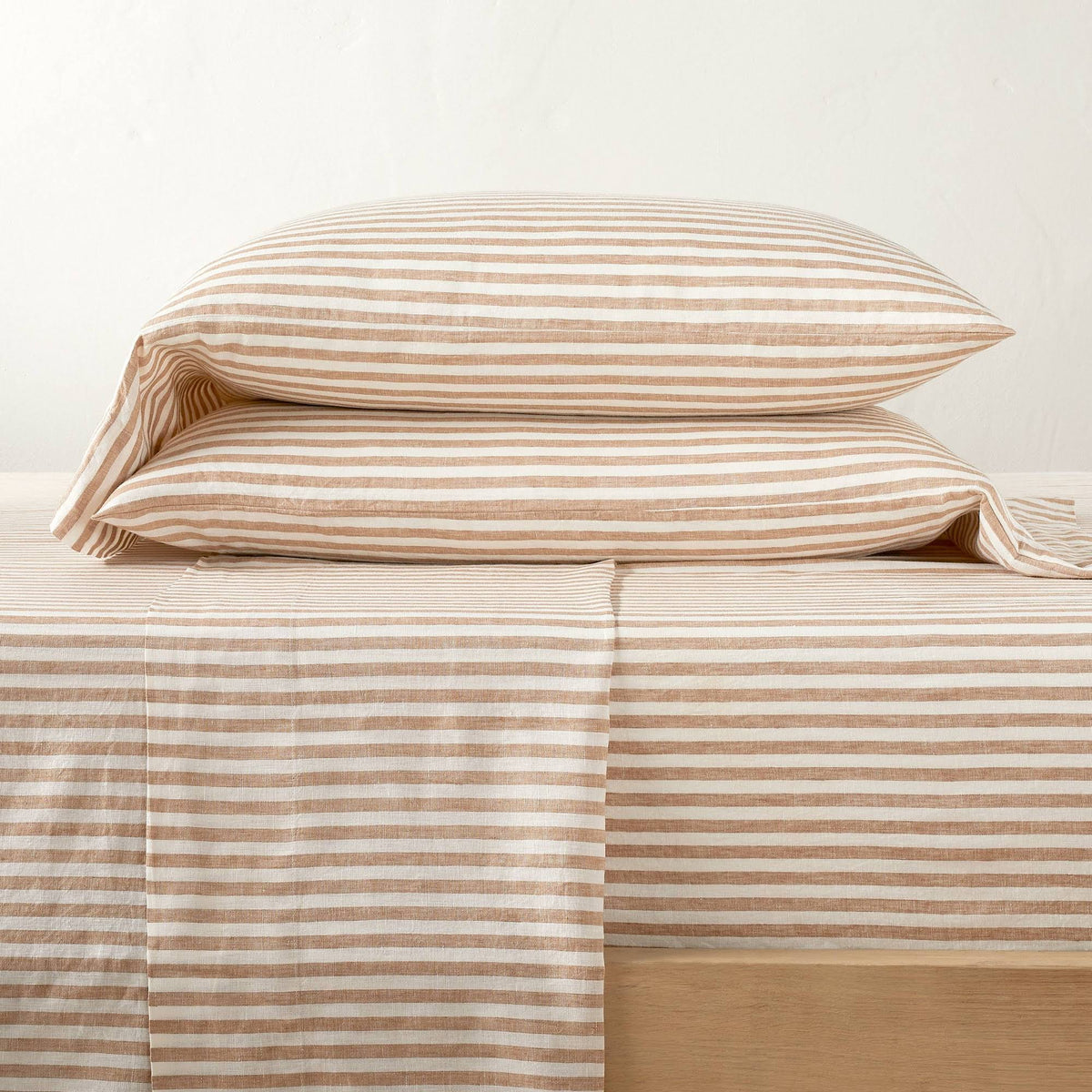 100% Washed Linen Printed Sheet Set Brown Stripe V3769