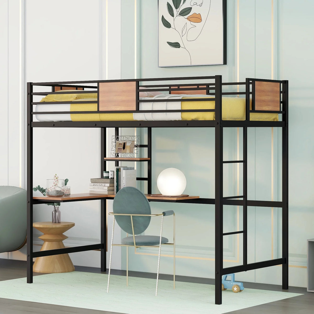 Black Twin Size Metal Loft Bed with Desk and Shelves D821