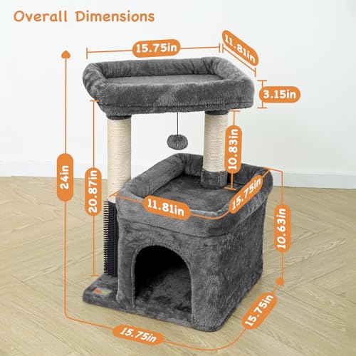 Small Cat Tree with Scratching Post, Condo, Perch and Pompoms E7809