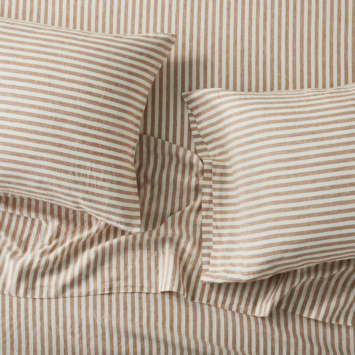 100% Washed Linen Printed Sheet Set Brown Stripe V3769
