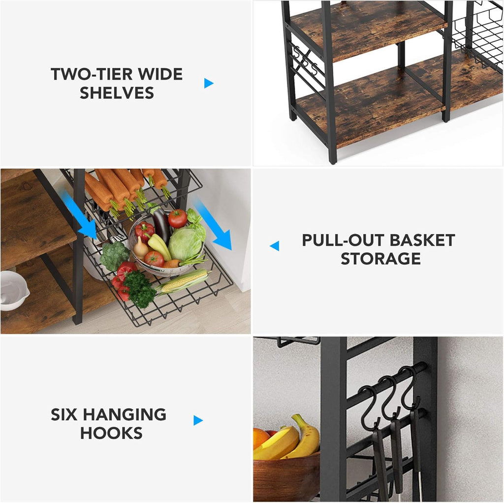 Kitchen Cart Baker’s Rack with Wire Basket and 6 Hooks H9560