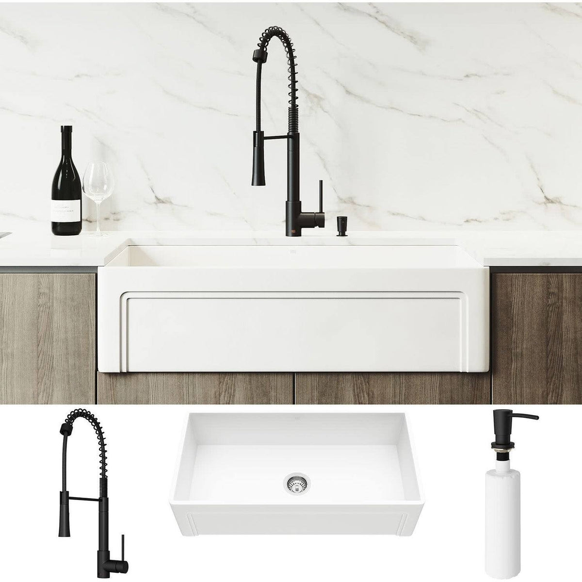 36x22 Matte Stone Farmhouse Apron Kitchen Sink Set with Faucet A9535