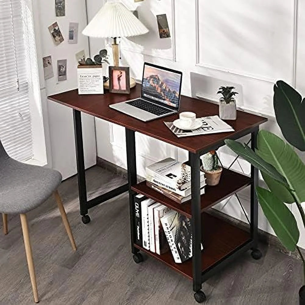 Folding Computer Desk with 2-Tier Shelves and 6 Wheels A941750