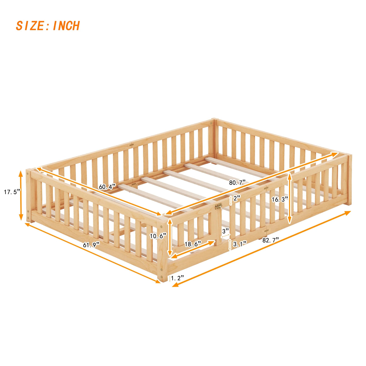 Queen Natural Solid Wood Floor Bed Frame with Slats K6184