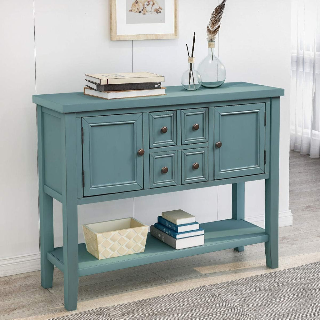Blue Console Sofa Table with Storage Drawers Cabinets and Bottom Shelf B69356