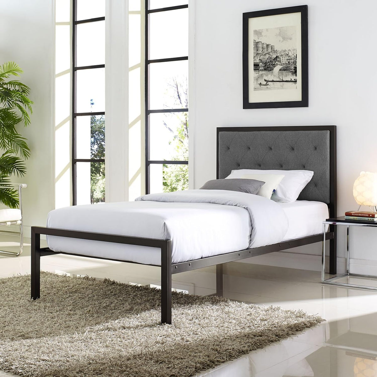 Twin Size Grey Fabric Bed Frame O42191