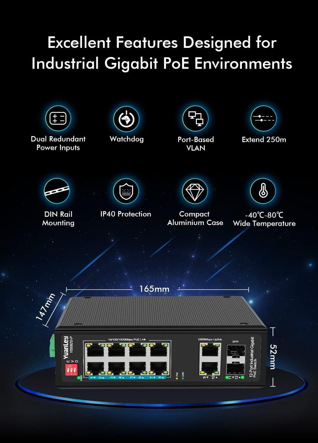 8-Port Industrial Gigabit PoE DIN-Rail Switch, 120W Unmanaged, Pack of 2 V285