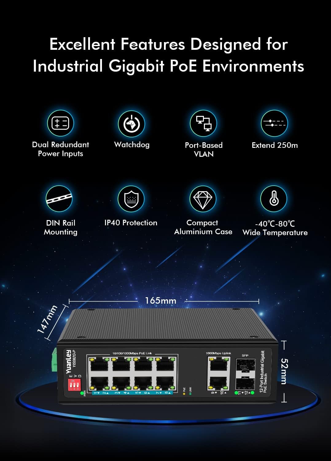 8-Port Industrial Gigabit PoE DIN-Rail Switch, 120W Unmanaged, Pack of 2 V285