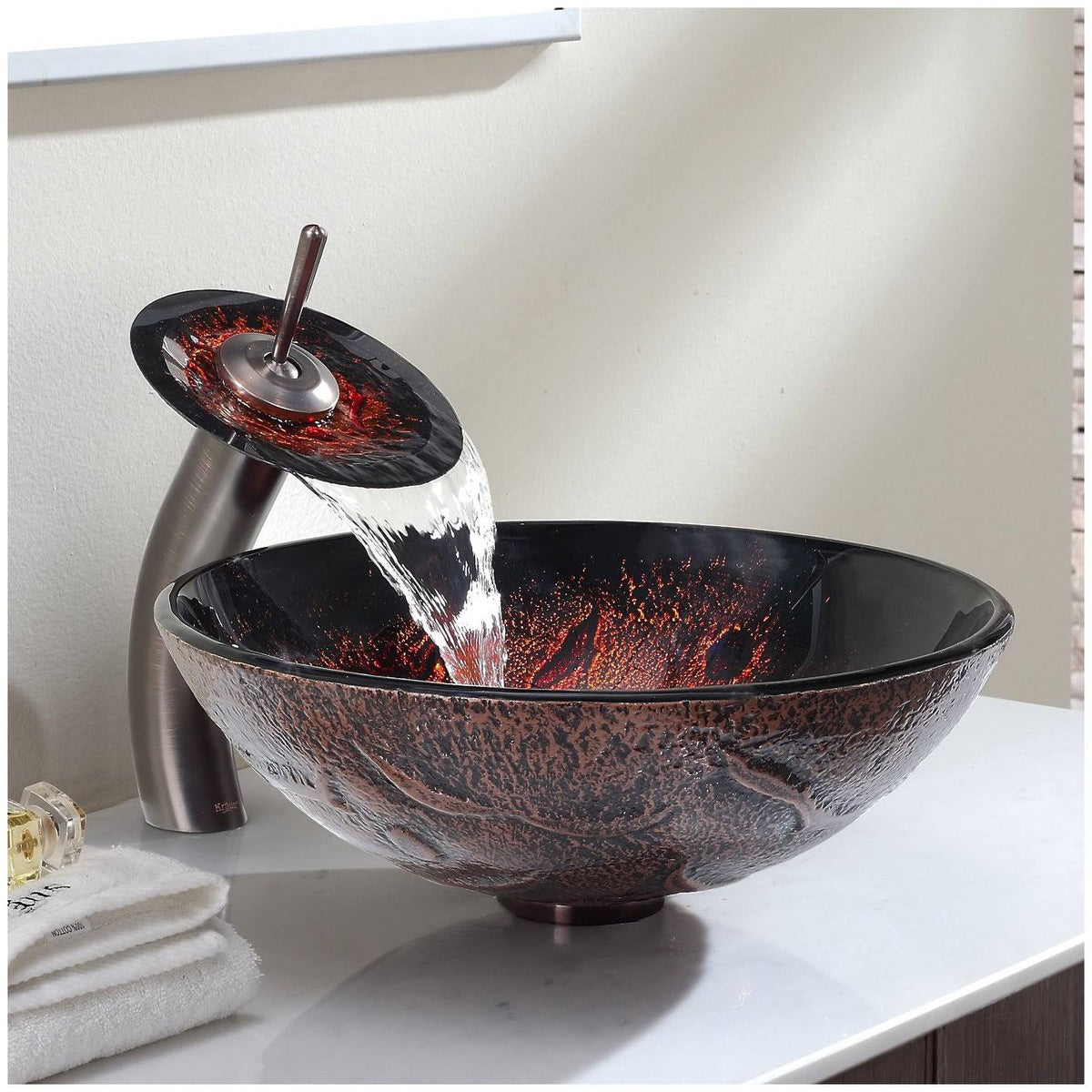 Lava Glass Vessel Sink and Waterfall Faucet Oil Rubbed Bronze M323