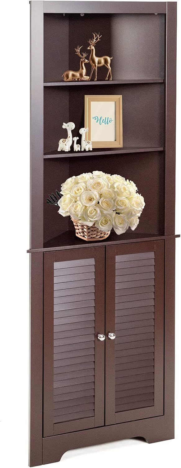 Espresso Corner Storage Cabinet with 3 Open Shelves J289856
