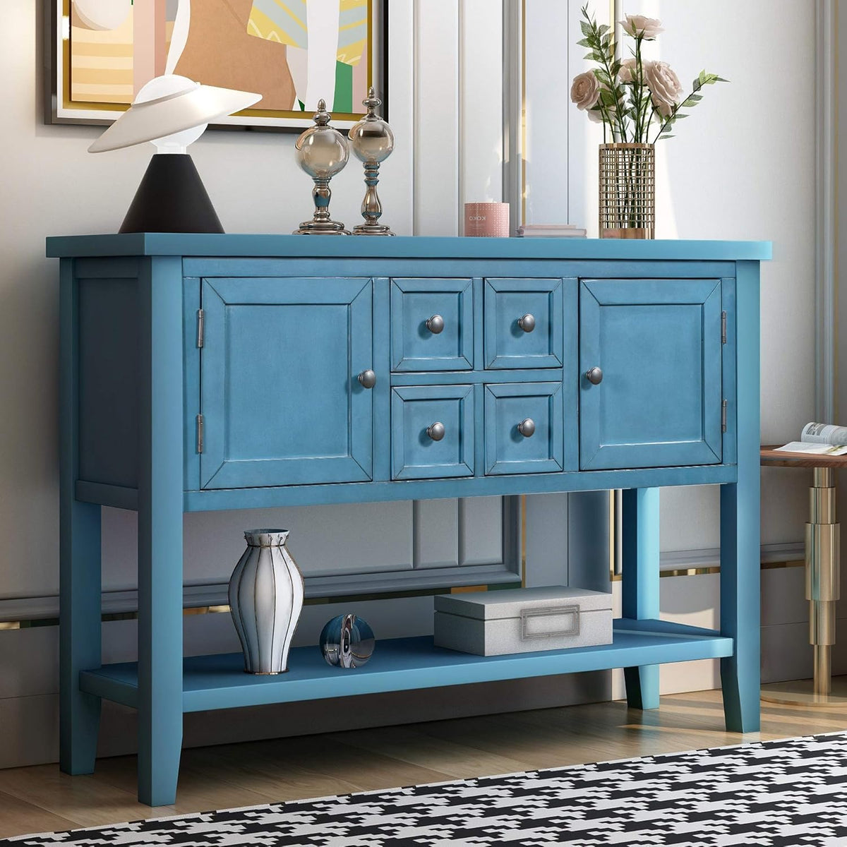 Blue Console Sofa Table with Storage Drawers Cabinets and Bottom Shelf B69356