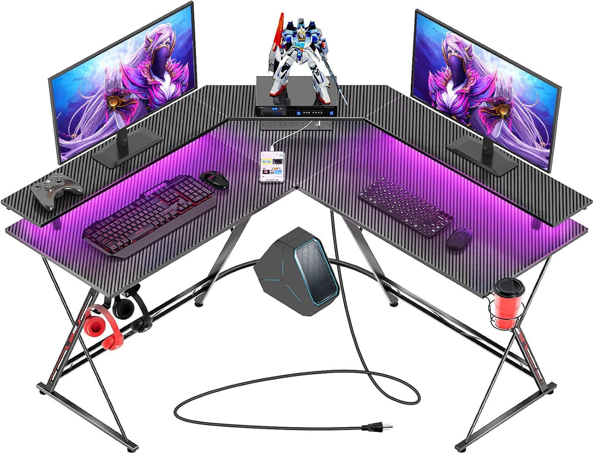 L-Shaped Gaming Desk with LED Strip & Power Outlets M98093