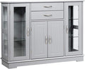 Gray Sideboard Buffet Storage Cabinet with 2 Drawers 3 Cabinets Glass Doors C942