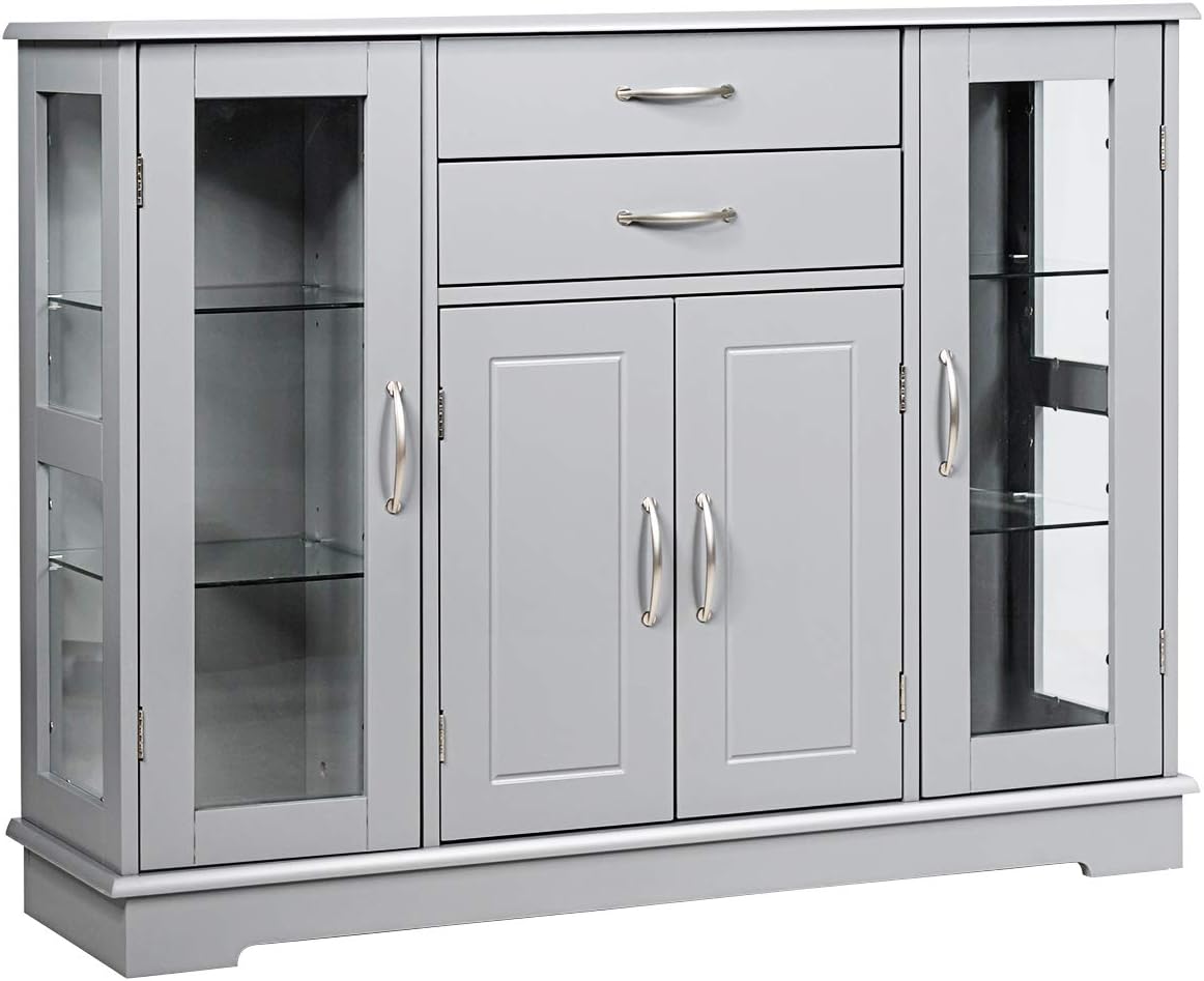 Gray Sideboard Buffet Storage Cabinet with 2 Drawers 3 Cabinets Glass Doors C942
