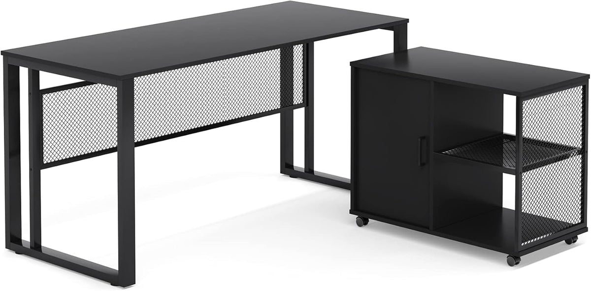 Black 55 inch L-Shaped Computer Desk with File Cabinet P3552