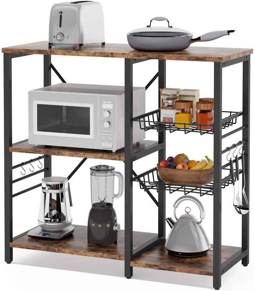 Kitchen Cart Baker’s Rack with Wire Basket and 6 Hooks H9560