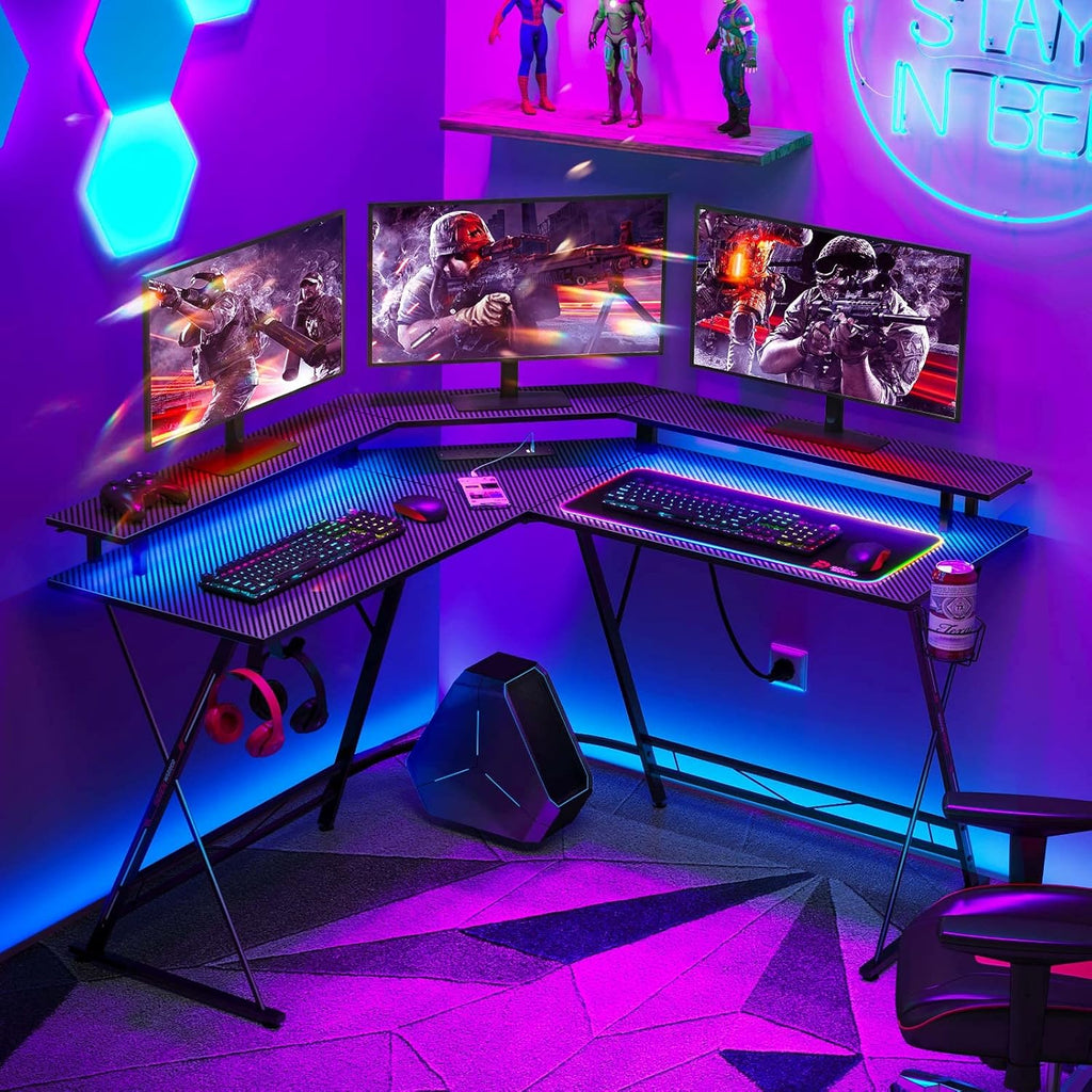 L-Shaped Gaming Desk with LED Strip & Power Outlets M98093