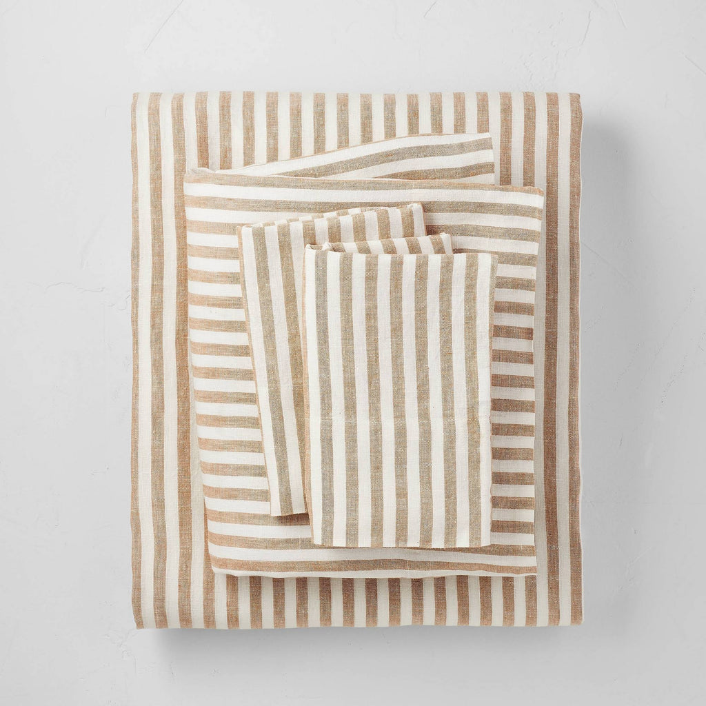 100% Washed Linen Printed Sheet Set Brown Stripe V3769