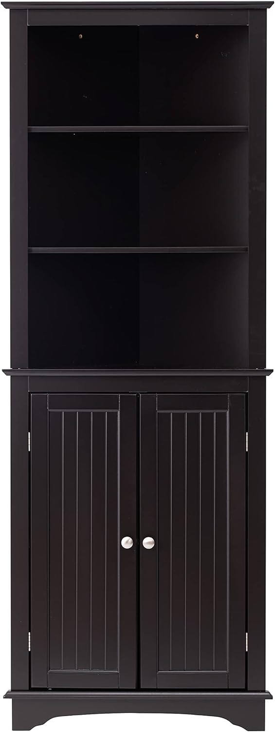 Tall Corner Cabinet with Two Doors and Three Tier Shelves, Espresso G796301
