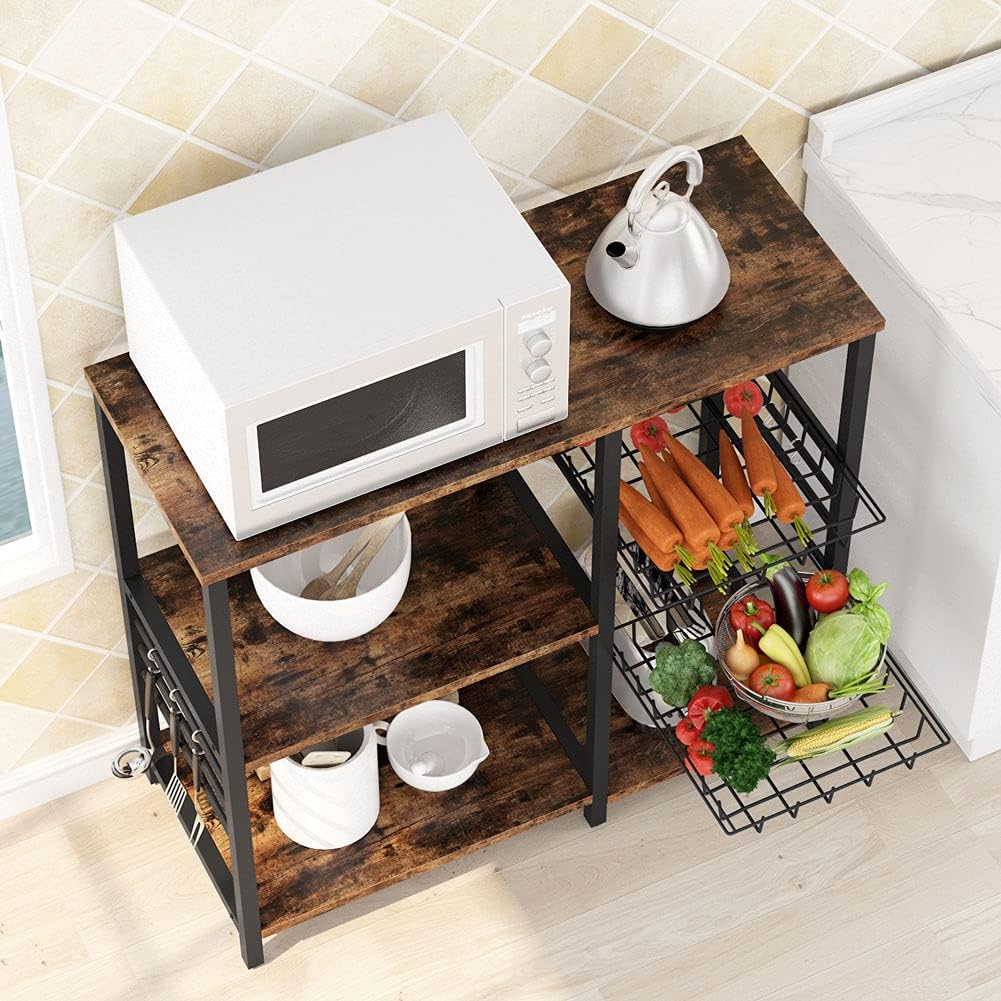 Kitchen Cart Baker’s Rack with Wire Basket and 6 Hooks H9560