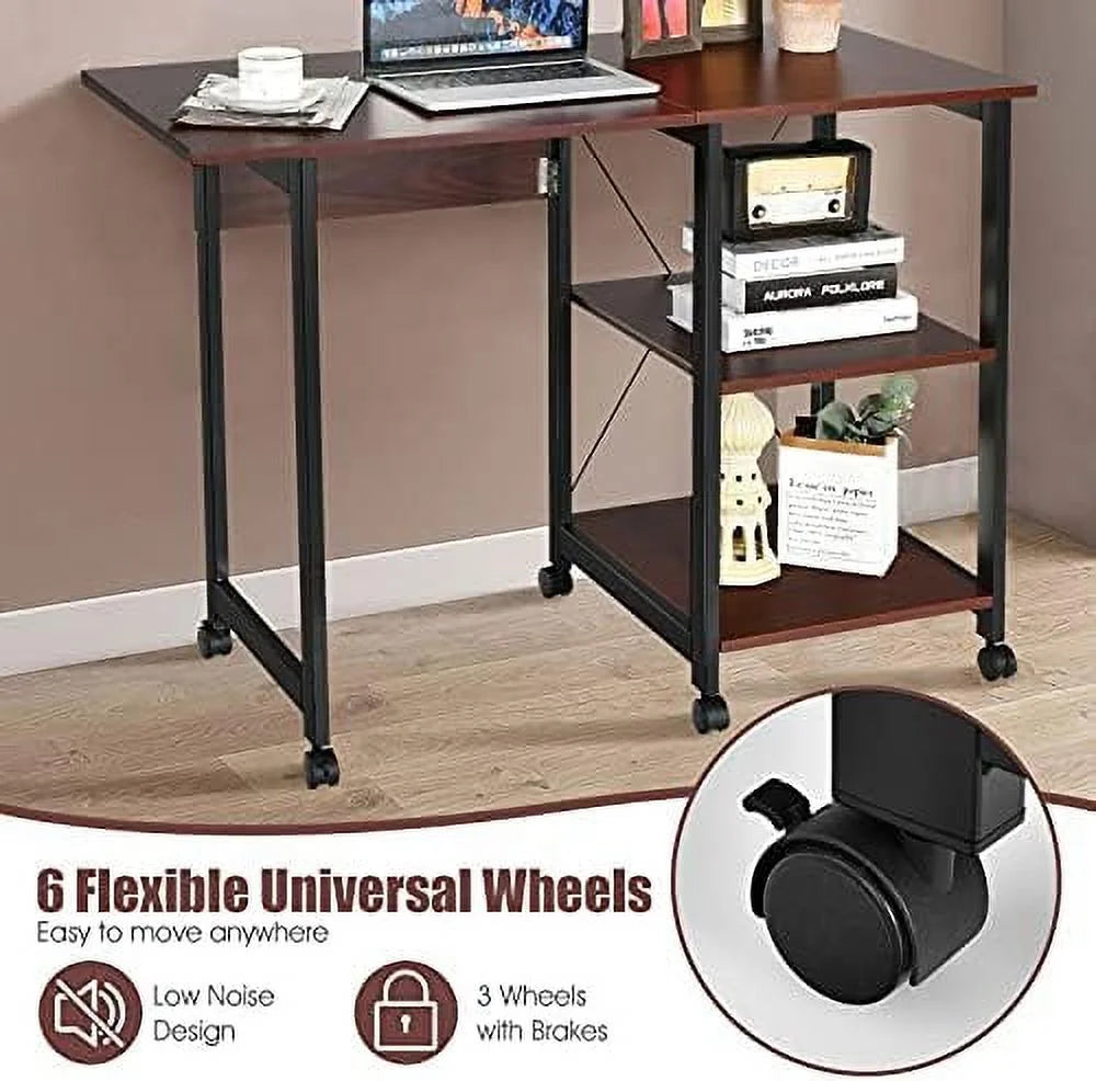 Folding Computer Desk with 2-Tier Shelves and 6 Wheels A941750