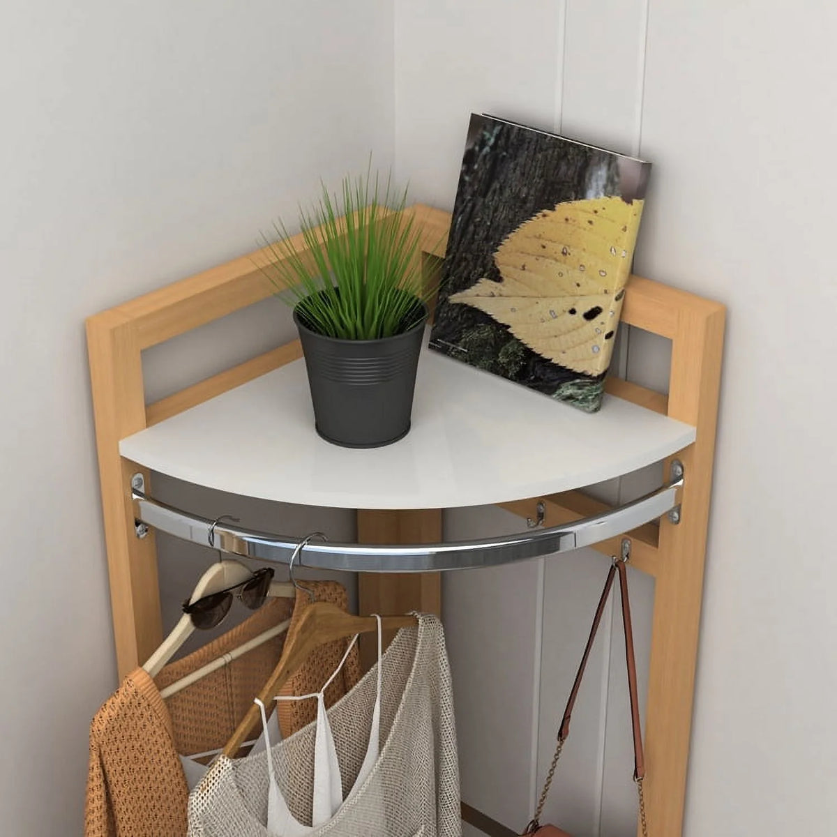 Wood Corner Shelf and Coat Rack Q146