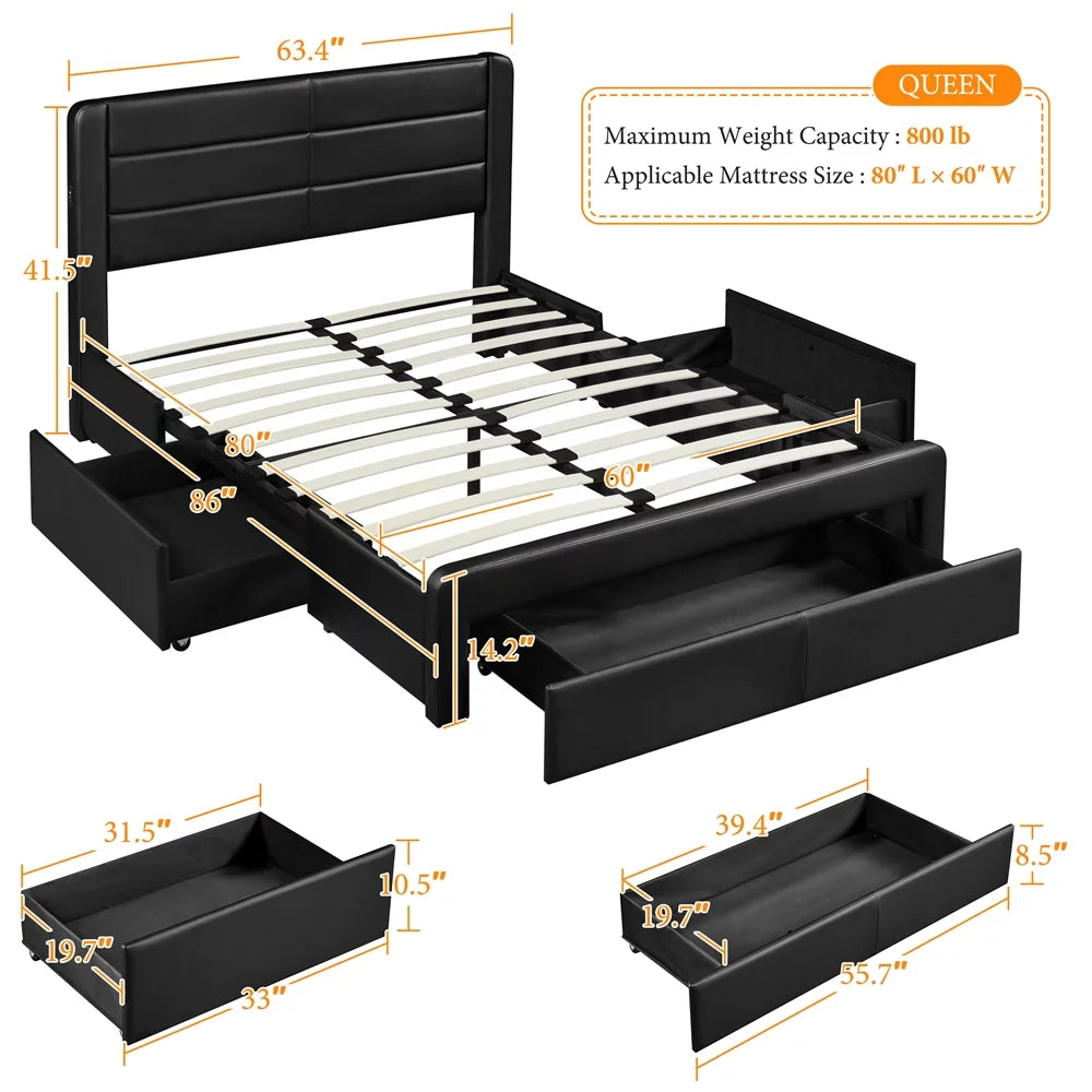 Black Queen Bed with 3 Storage Drawers O19728