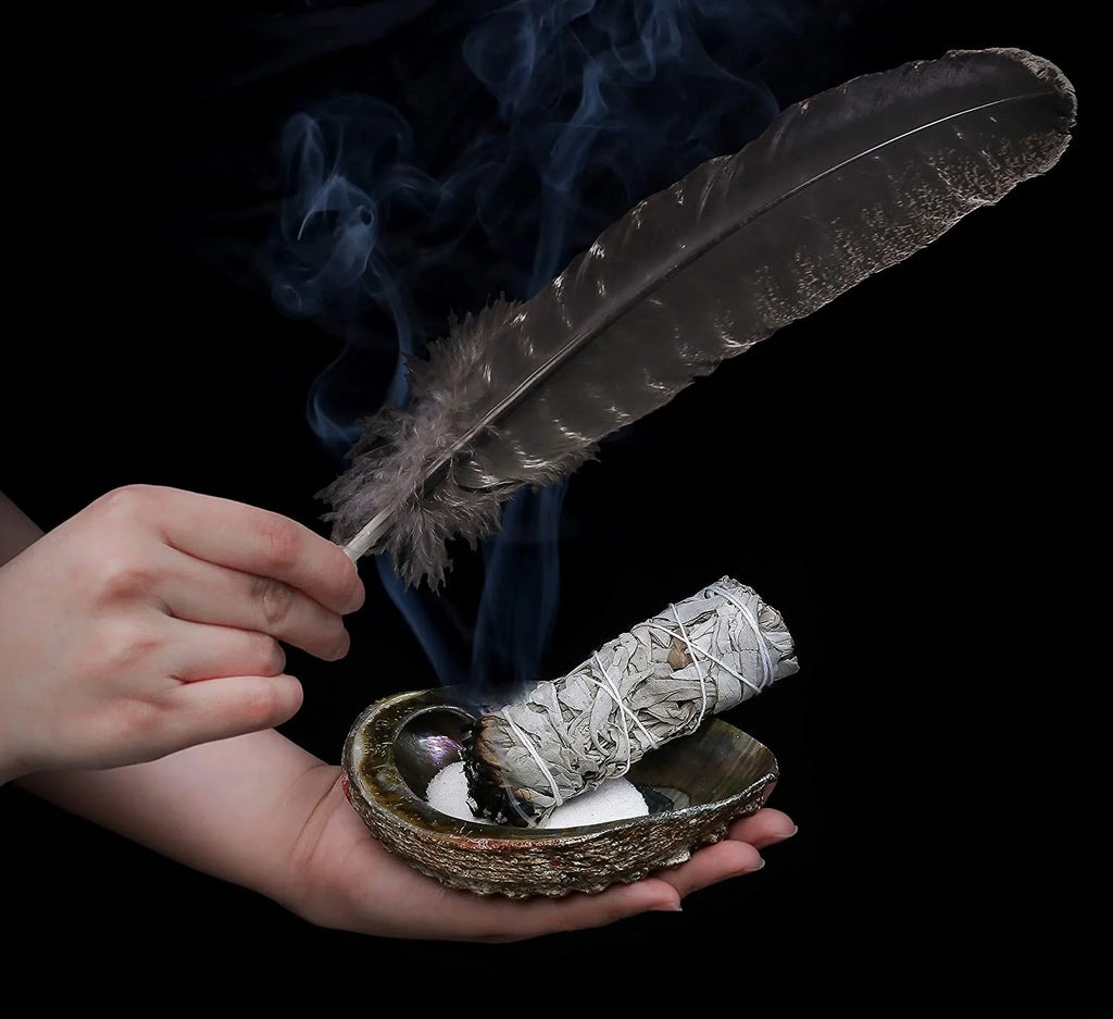 White Sage Smudge Sticks with Abalone Shell Tripod Stand Feather and White Sand W457