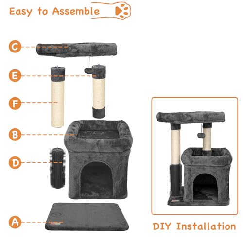 Small Cat Tree with Scratching Post, Condo, Perch and Pompoms E7809