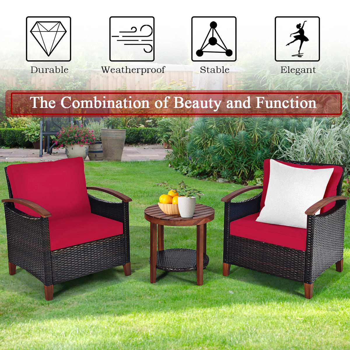 3 Pc Patio Rattan Furniture Set with Cushion G261