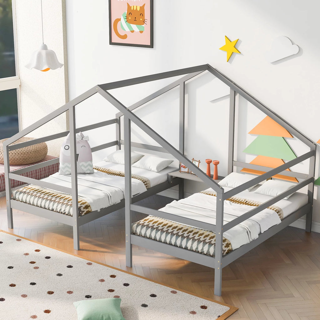 Twin Size Triangular House Beds with Built-in Table Gray C561