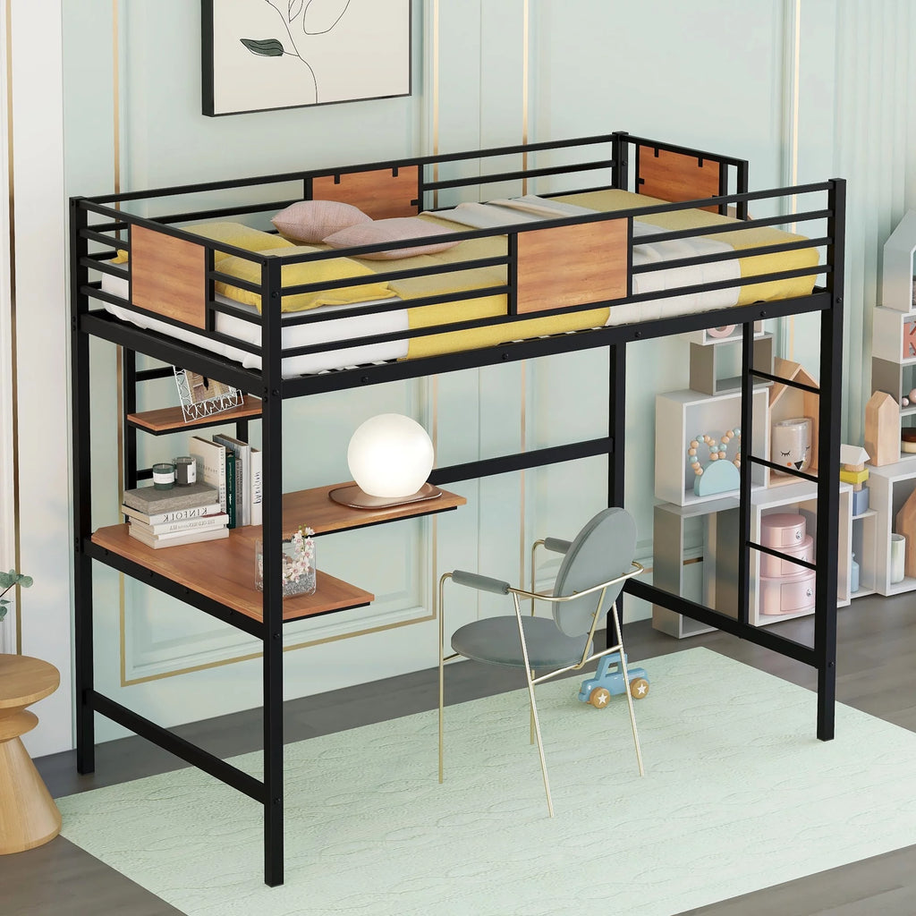 Black Twin Size Metal Loft Bed with Desk and Shelves D821