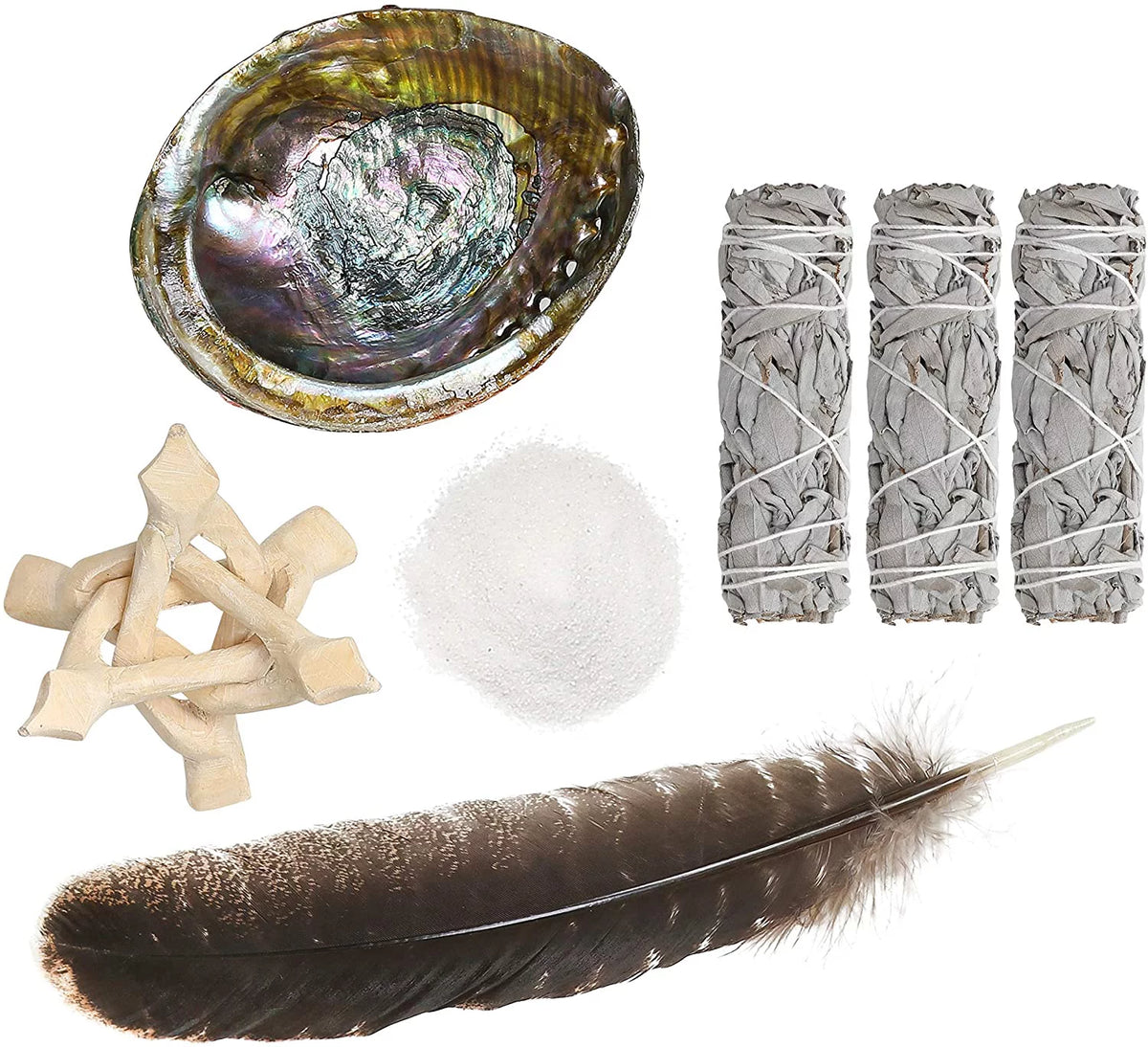 White Sage Smudge Sticks with Abalone Shell Tripod Stand Feather and White Sand W457