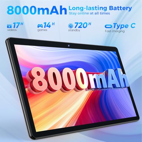 10.1 inch Android 14 Tablet with Keyboard, 26GB RAM, 256GB ROM, 8000mAh Battery, Black Z2089