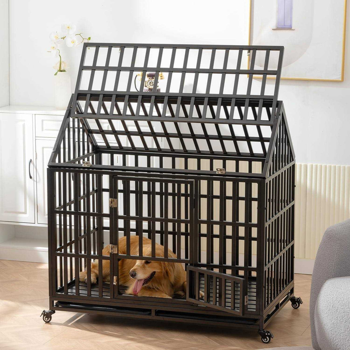 Heavy Duty Metal Dog Crate with 4 Lockable Wheels U212