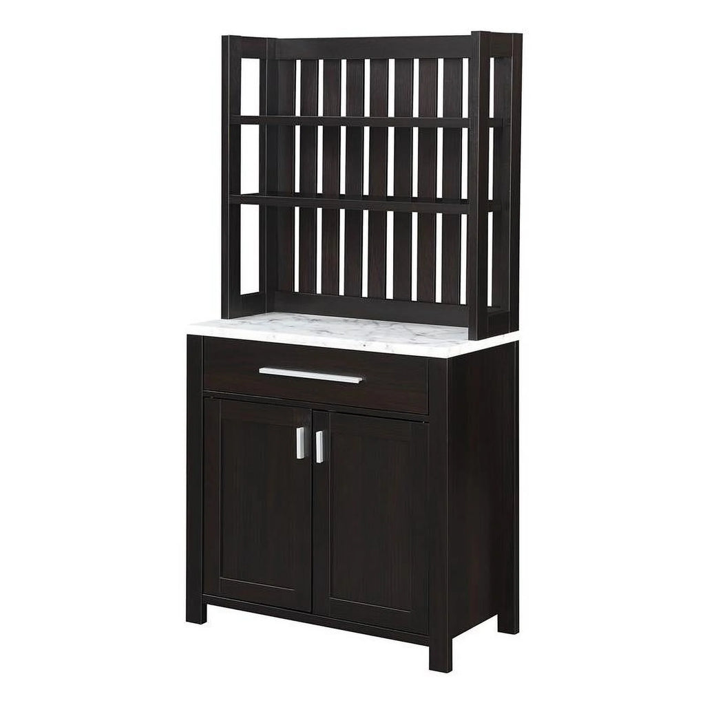Espresso Wood Wine Bar with Cabinet and White Faux Marble Top W145