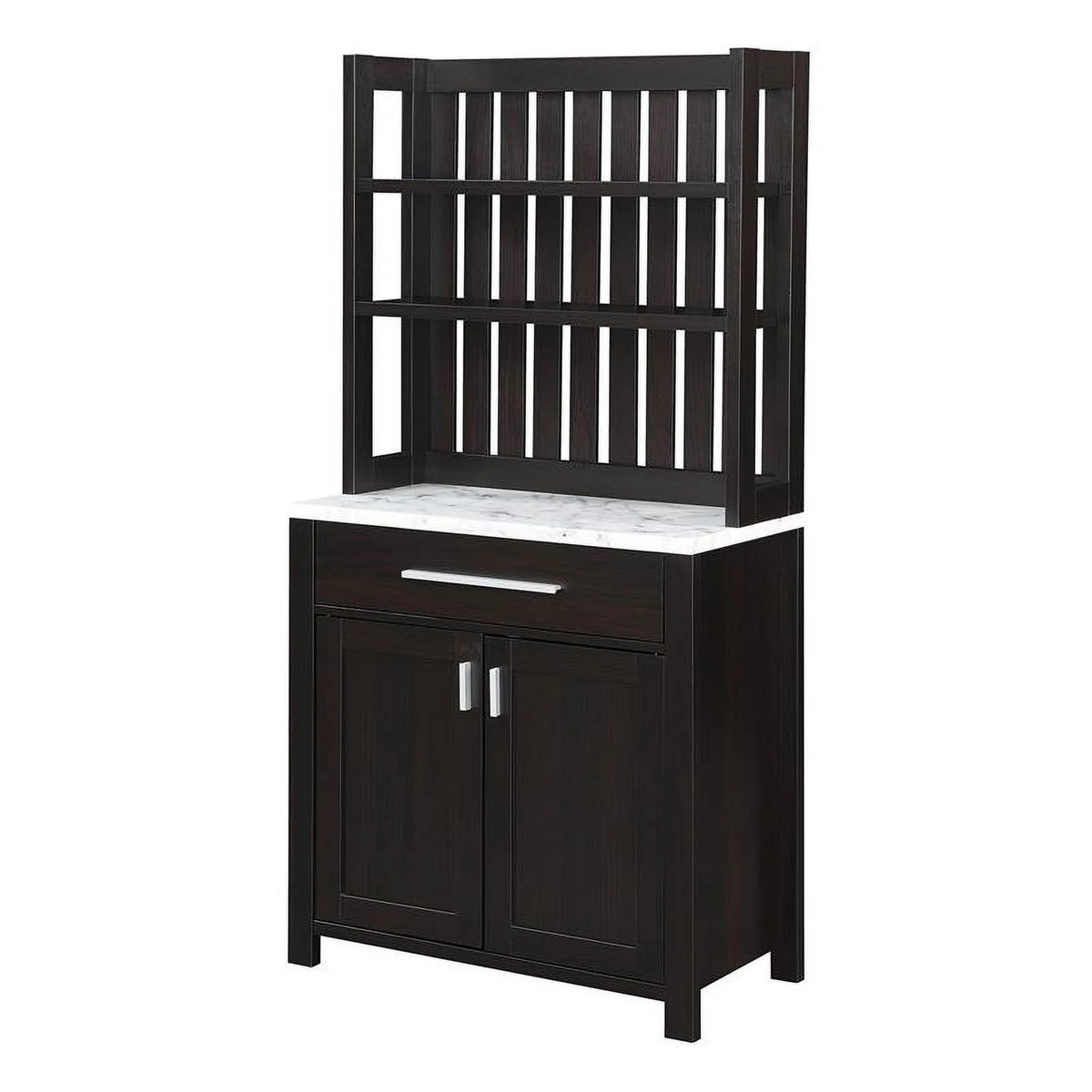 Espresso Wood Wine Bar with Cabinet and White Faux Marble Top W145