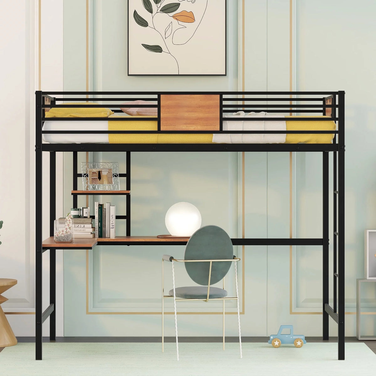 Black Twin Size Metal Loft Bed with Desk and Shelves D821